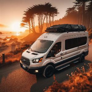 Ford Transit 350 HD extended camper van, van life in Mendocino at sunset-12